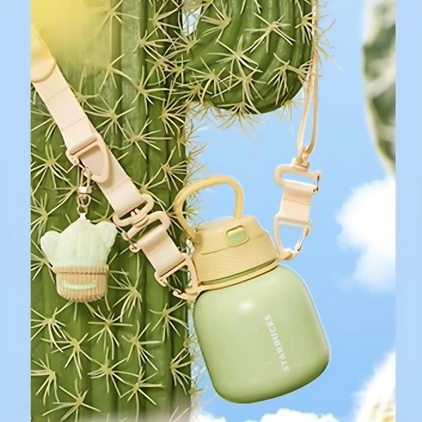 Starbucks China - Colorful Succulent Garden 2024 - 5O. Crossbody Green Stainless Steel Water Bottle with Cactus Plush Charm 580ml Discount